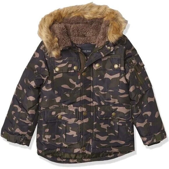 London Fog Boys sz 5 / 6 Camo Hooded Removable Faux Fur Winter Jacket - Picture 2 of 11